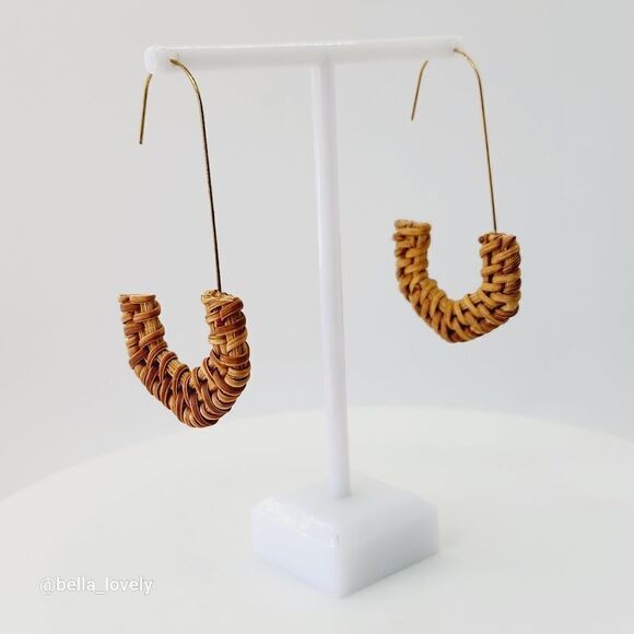 Hand Woven Rattan Drop Dangle Woven Intertwined Gold Toned Earrings - Picture 1 of 4